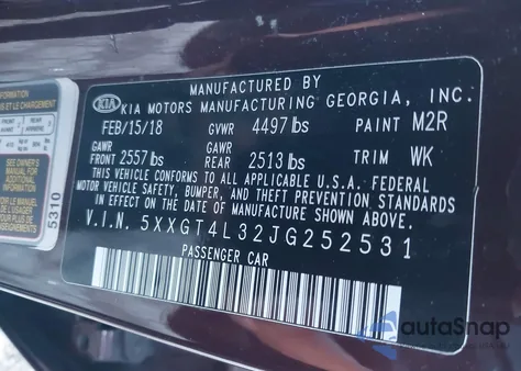 2018 Kia Optima Lx z USA, uszkodzony, nr VIN 5XXGT4L32JG252531